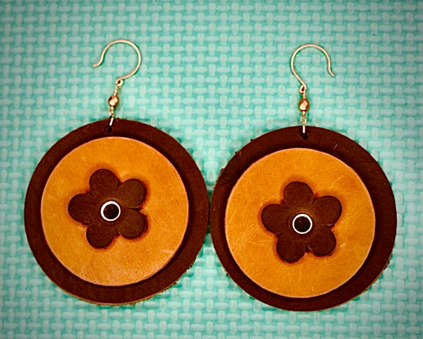 Camel and Mustard Color Round Leather Earrings