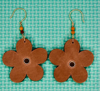 Dark Tan Brown Leather Flower Earrings