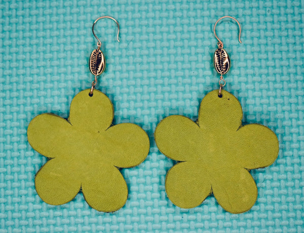 Apple Green and Brown Leather Flower earrings
